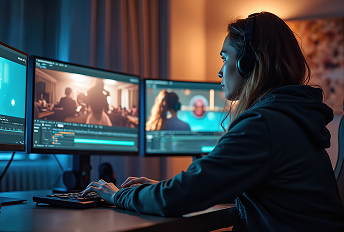 Video editor working on multiple monitors with professional editing software for news production