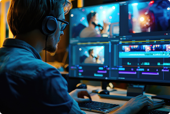 man viewing multiple videos in editing software on one monitor
