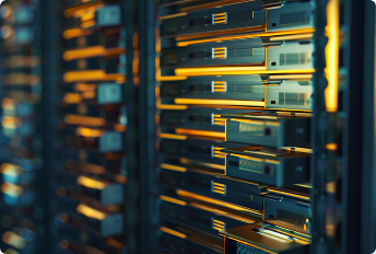 Close-up view of a server rack with multiple high-performance storage units and hardware components illuminated by warm yellow lighting, representing data center infrastructure.