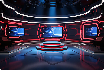 Futuristic broadcast studio with a circular stage, illuminated red and blue LED lighting, and multiple large screens displaying dynamic video content