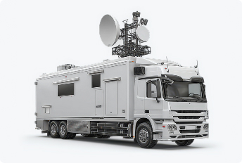 Large broadcast OB production truck equipped with satellite dishes and antennas on the roof, designed for live event coverage and remote broadcasting