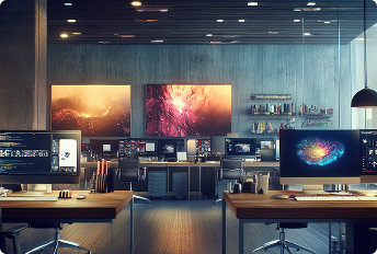 office with multiple computer workstations clean office and decorated