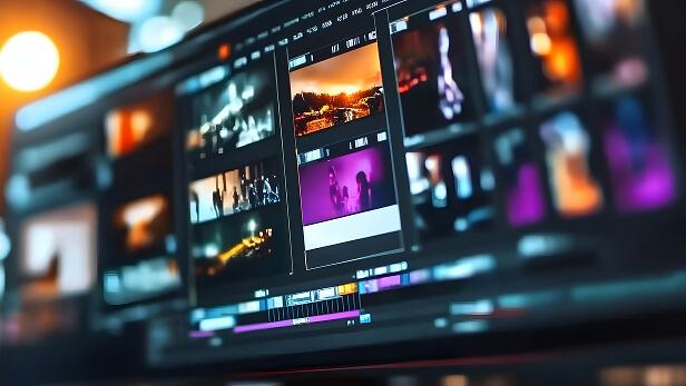 Close-up of a computer screen displaying a video editing interface with multiple clips, color grading tools, and a timeline for arranging scenes.