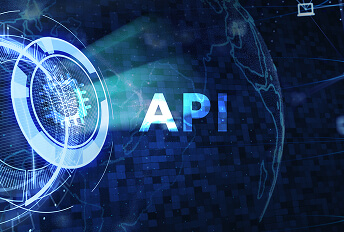Digital concept illustration featuring the word API in bold letters, surrounded by glowing blue circular graphics and abstract technology patterns representing cloud-native architecture.