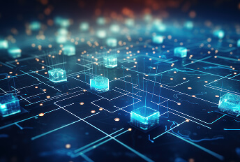 Abstract digital visualization of a high-volume data network with glowing blue cubes connected by circuit-like lines, representing data flow and cloud computing infrastructure.
