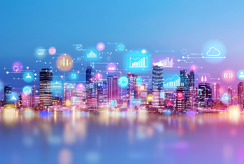 City skyline with digital data icons representing cloud computing, analytics, and smart technology integration