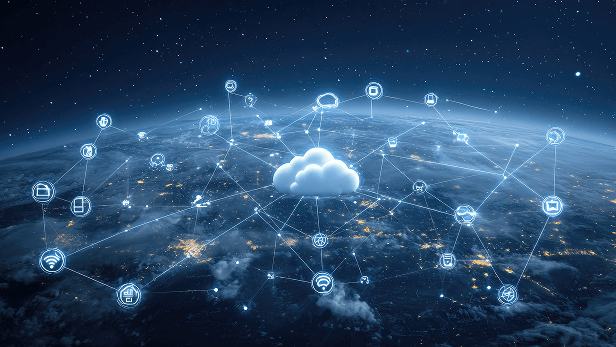 Global cloud computing network concept with interconnected icons representing data, security, and connectivity over Earth