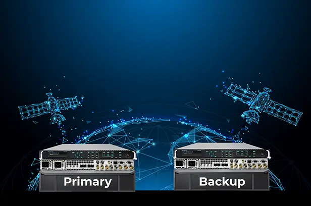 Illustration of primary and backup SPG9000 synchronization units with satellite communication in the background