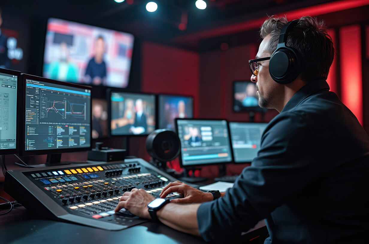 man watching video quality with controller and monitors