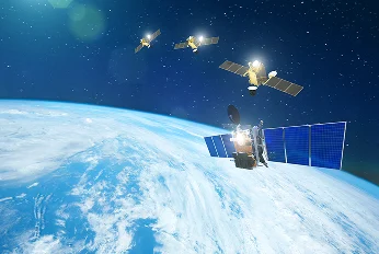 Satellite communication scene showing Earth from space with four satellites orbiting above the planet against a dark starry background.