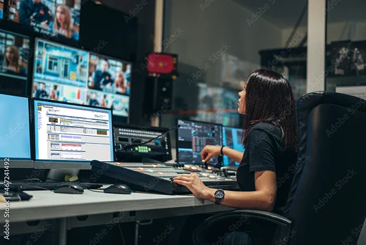 Broadcast control room with a person operating multiple monitors and audio/video equipment