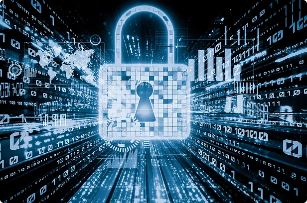 security image with large lock over digital background with lines and graphs