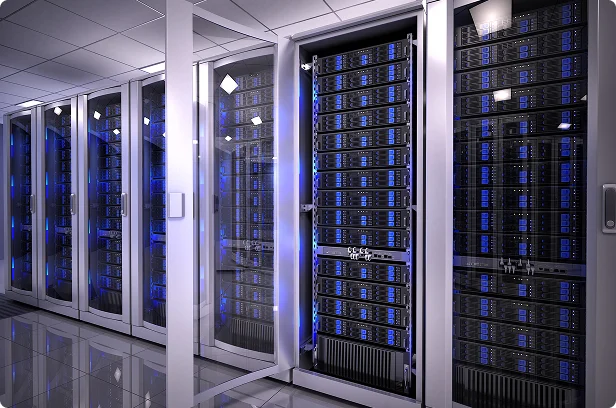 Modern data center with multiple server racks enclosed in glass doors