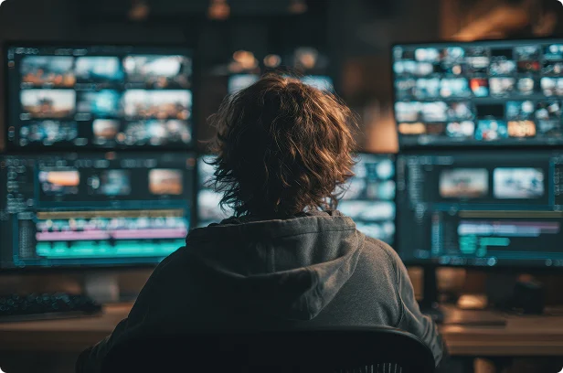 broadcast person watching monitor displays in full color