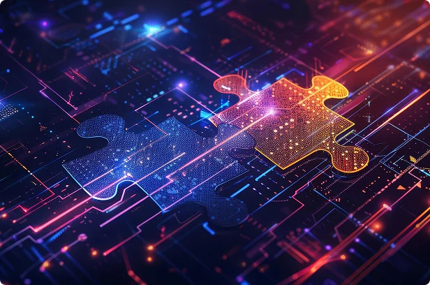 digital puzzle pieces full high color on digital background