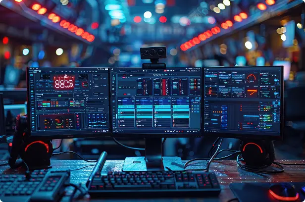 3 monitor display for monitoring media in a studio full color
