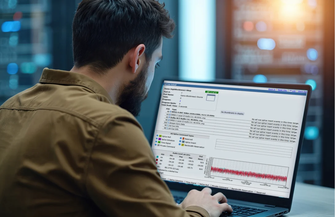 Person working on a laptop displaying an advertisement signaling and compliance monitoring interface