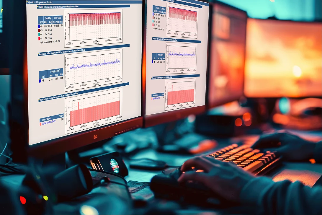 Close-up view of dual computer monitors displaying quality-of-experience analytics dashboards