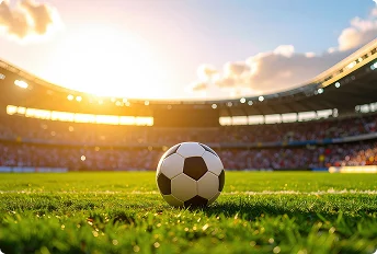Soccer ball placed on green grass in a stadium with bright sunlight and a crowd in the background