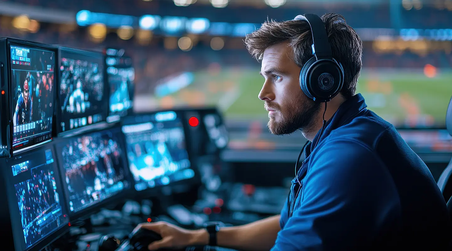 Operator wearing headphones monitoring multiple live sports video feeds