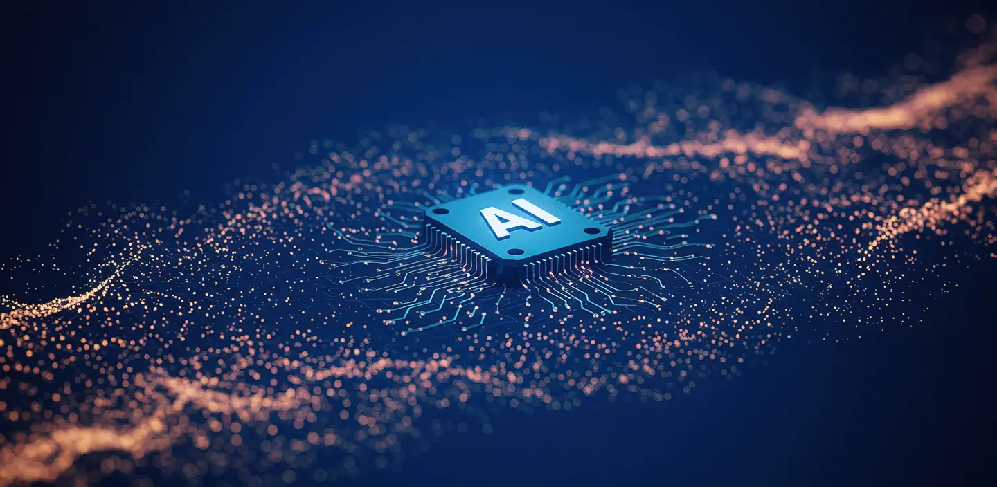 glowing AI chip on a dark blue digital particle wave background